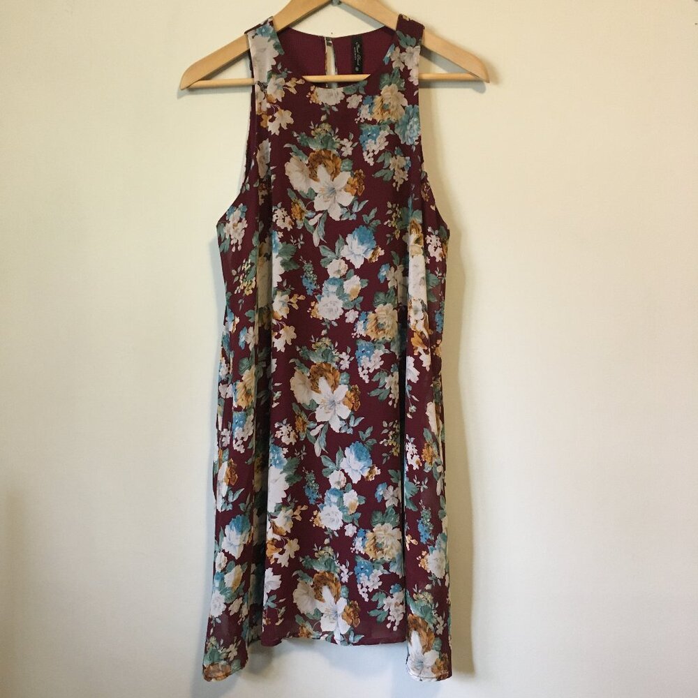 MADE IN USA Dark Romantic Burgundy Chiffon Floral Maxi Dress Medium